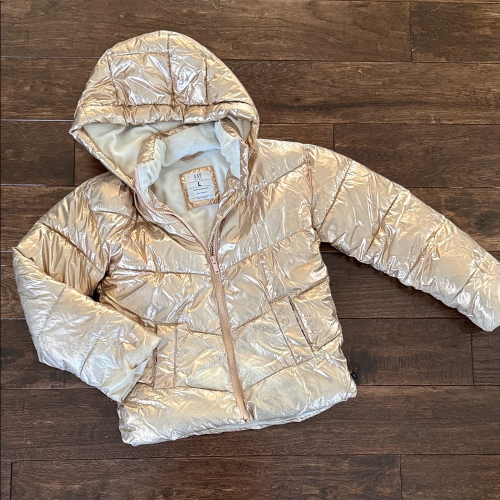 GAP Girls Metallic Light Gold Puffer Jacket with Hood